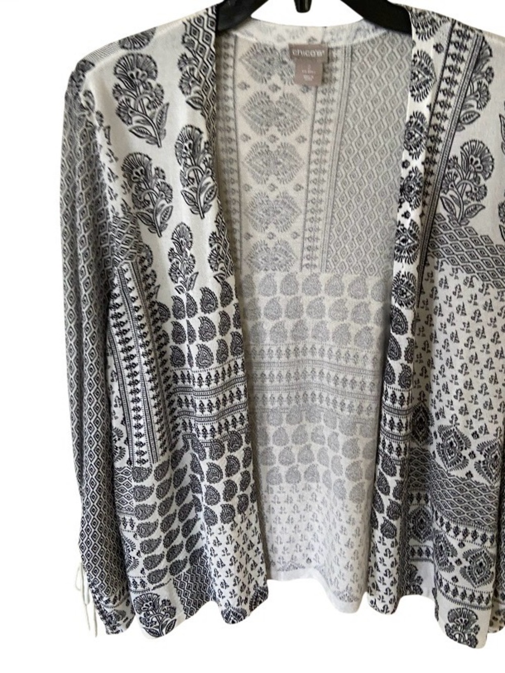Chicos Black & White Paisley Cotton blend Printed Open Cardigan size L